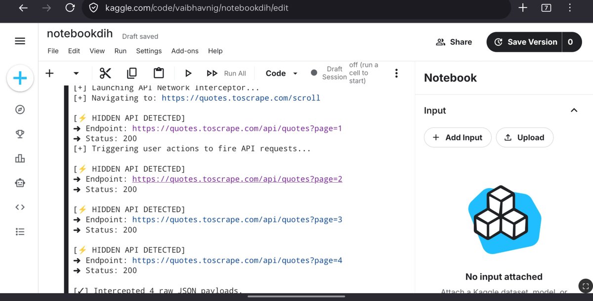 vaibhavpy4's tweet photo. Day 10 coding🔥💻:
Today I stopped parsing HTML and started apiscraping on websites🕵️‍♂️
Tired of fighting broken CSS selectors on dynamic sites, used Py &amp; Playwright to build API Network Interceptor
Instead of readin the frontend it hooks into network traffic
Pushed on GitHub:
  👇 https://t.co/cNWPRm9V2g