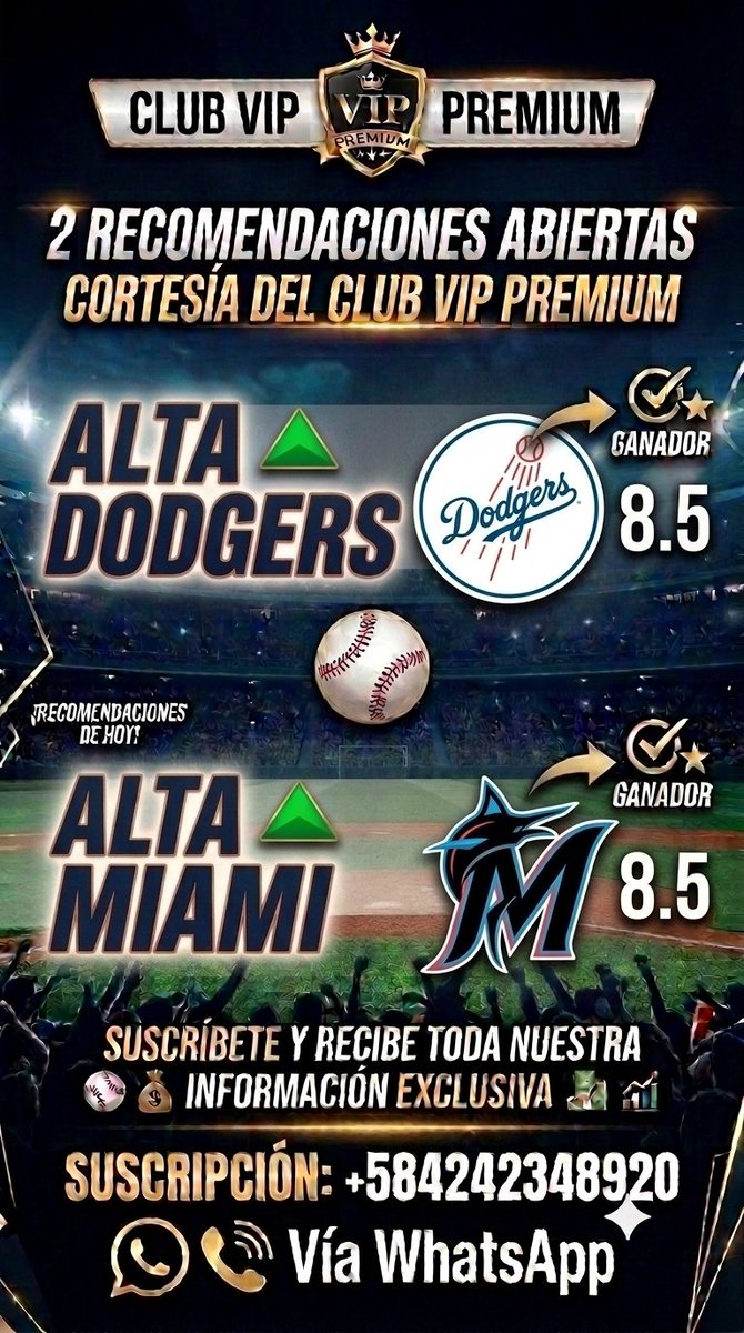 DUMONT81's tweet photo. Voy a dejar 2 Regalos que me gustan para hoy en la MLB ⚾ para todos mis seguidores 💪😎 

⚾ Alta 🔼 Dodgers 8.5
⚾ Alta 🔼 Miami 8.5

Si quieres saber el resto de mi información suscríbete a +584242348920 📱

#Deportes #parley #clubvippremium #asesoria #mlb #directas #morochas https://t.co/fR2f95VyE0