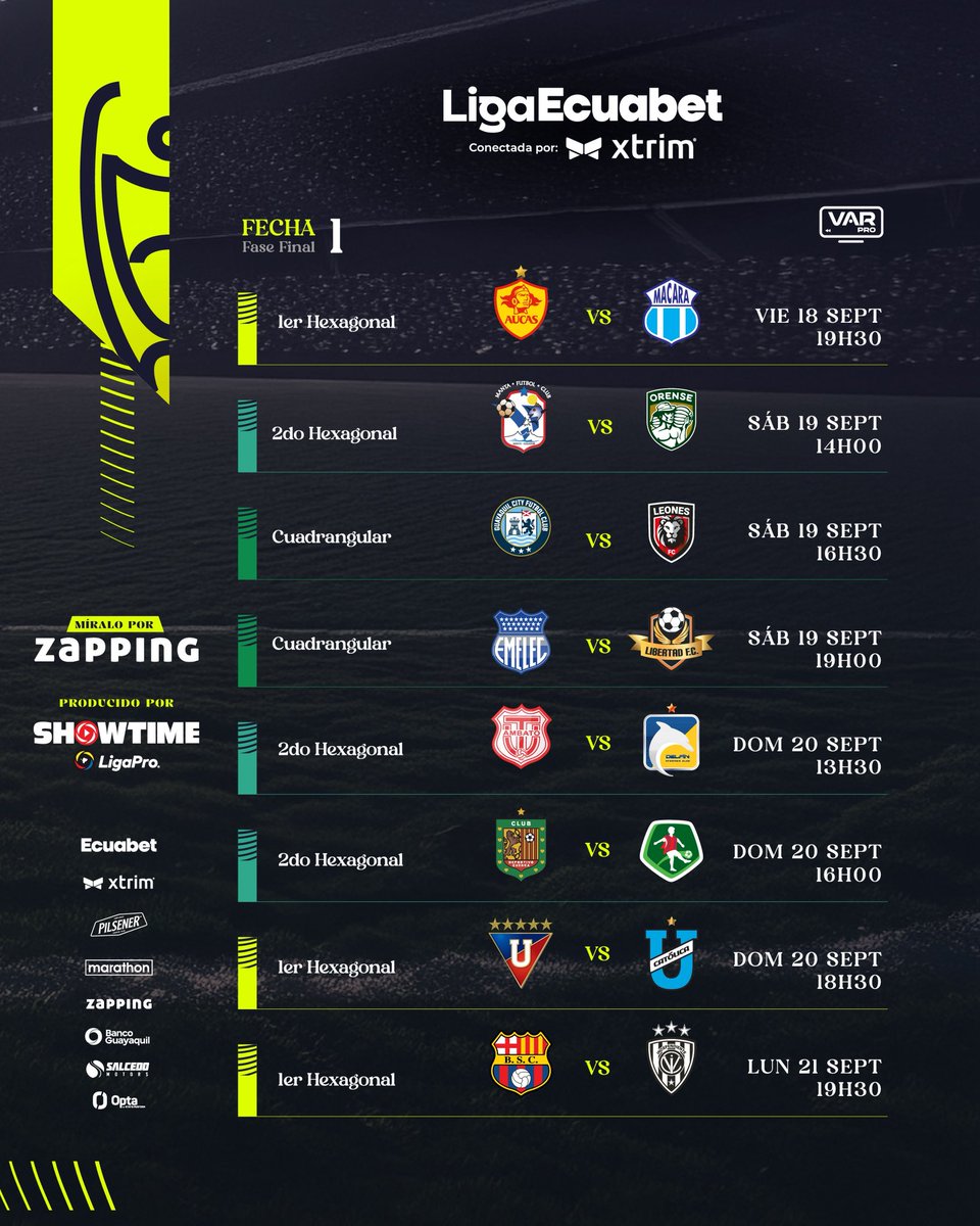 LigaEcuabetec's tweet photo. 📍Horario de la Fecha 1️⃣ - Primer Hexagonal, Cuadrangular y Segundo Hexagonal de la Liga Ecuabet ⚽️🔥

#LigaEcuabetConectadaPorXtrim 🇪🇨💯 https://t.co/pk0DynWtnm