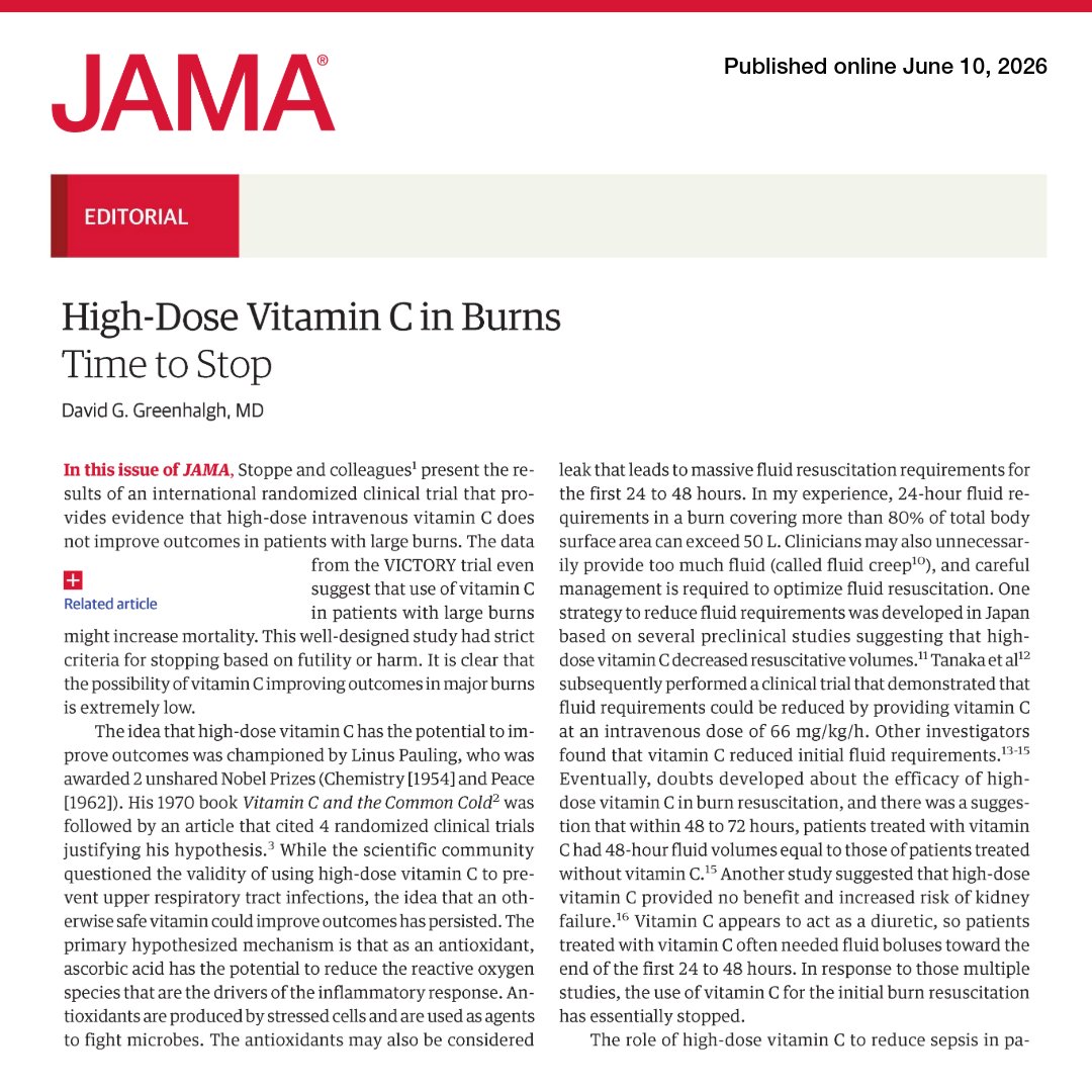 JAMA_current's tweet photo. 💬 Editorial by David Greenhalgh, MD: High-dose intravenous #VitaminC did not reduce organ dysfunction or mortality in patients with large burns and may increase mortality, supporting its removal from standard burn resuscitation protocols. 

https://t.co/sMSiMukOxc https://t.co/fa4O51AAXD