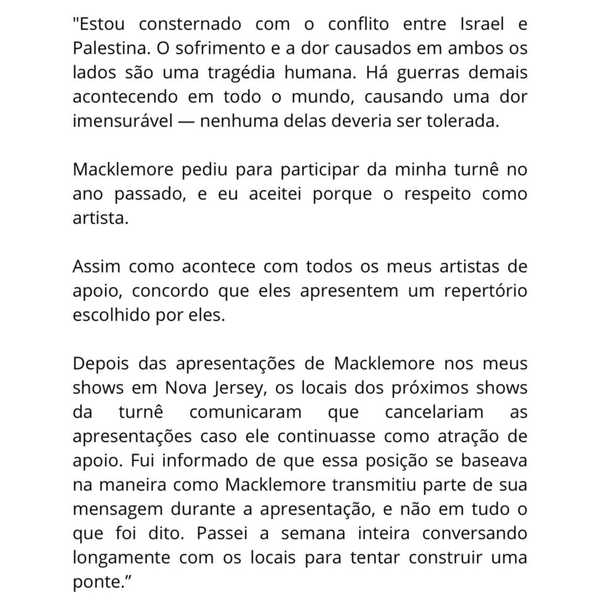 updatecharts's tweet photo. Ed Sheeran NEGA que tenha partido dele a decisão de REMOVER Macklemore da turnê e explica por que NÃO se posiciona publicamente sobre o conflito entre Israel e Palestina:

“A saída de Macklemore da turnê foi uma decisão do produtor, não minha […] Não sou cúmplice. Tenho minhas opiniões pessoais sobre esse conflito devastador […] Quem vai aos meus shows não espera encontrar um fórum político.”