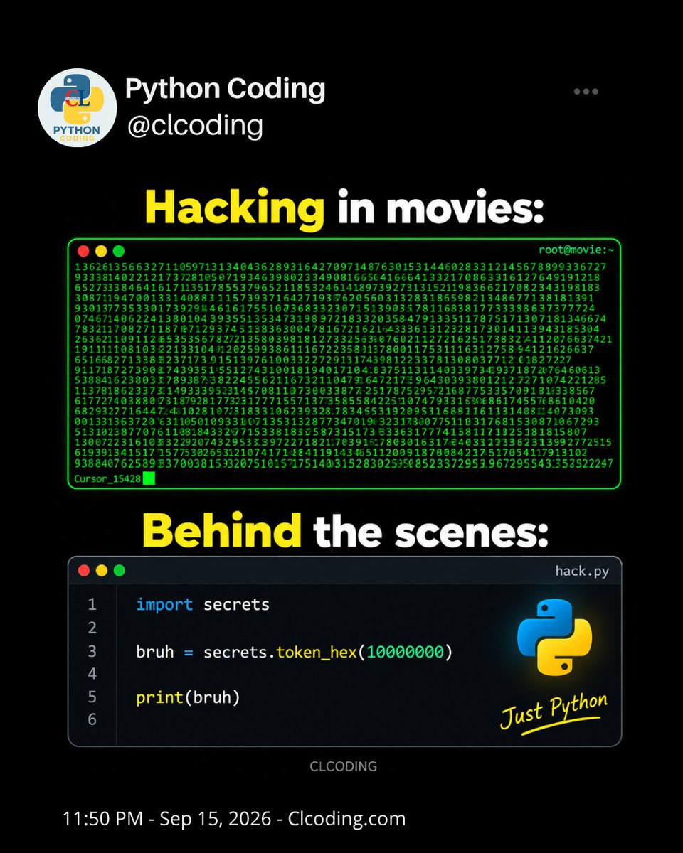clcoding's tweet photo. 🎬 Hacking in movies:

⌨️ “I’m breaking into the system…”

🐍 Behind the scenes:

Sometimes the “hacking” is just Python generating a ridiculously long random string. 🐍

Movies make it look complicated.
Python makes it look easy. 😎

https://t.co/RefbwlOfSW https://t.co/7aGD94npt7