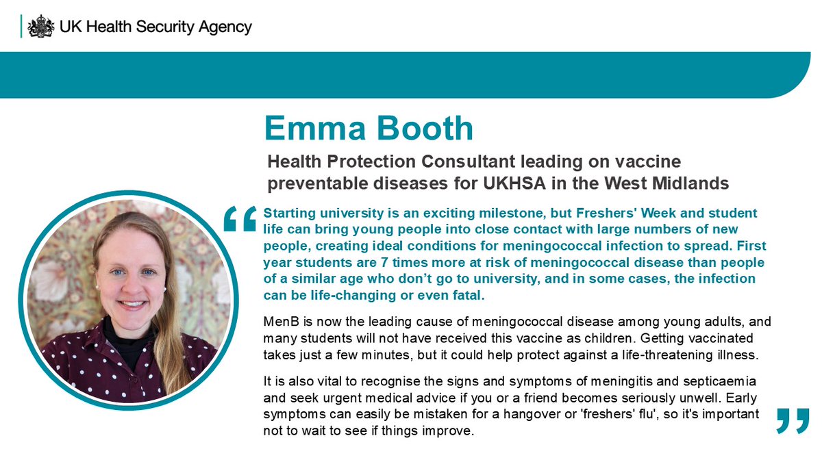 UKHSA_WestMids's tweet photo. #WestMidlands #HealthProtection Consultant Emma Booth is urging students heading to university to get BOTH of their #MenB vaccines before arriving on campus
Last year 97% of #meningitis cases in 15-24yros in England were #MeningitisB - which can be fatal
https://t.co/koGt4yaJbJ https://t.co/Phlh9enBGO