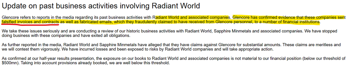 JavierBlas's tweet photo. In a strongly worded statement, Glencore accused iron ore trading house Radiant World of sending "falsified invoices and contracts" to a several financial institutions, plus "fabricated emails." 📄⤵️ https://t.co/MjlNuLBSbQ