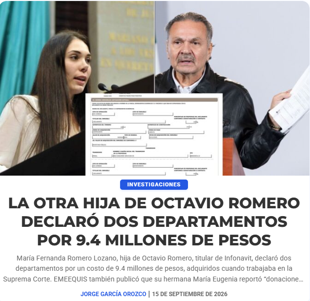 MLopezSanMartin's tweet photo. Más de la familia Romero y su riqueza

María Fernanda Romero Lozano, hija del director del Infonavit, declaró 2 departamentos por 9.4 mdp adquiridos mientras ganaba 54 mil pesos en la SCJN

@emeequis documentó además que su hermana recibió “donaciones” por 1.2 mdp

📷 @jorgegogdl https://t.co/HCiwgT273S