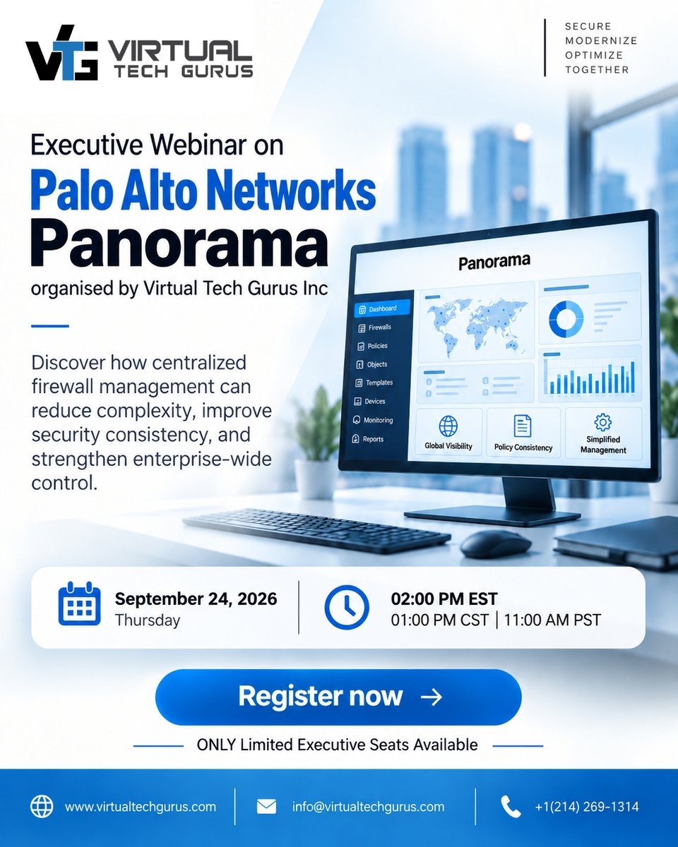 virtualtechguru's tweet photo. Firewall complexity is growing—your control shouldn’t. 

Join @virtualtechguru's free executive #webinar on Palo Alto Networks #Panorama to centralize #firewallmanagement, cut policy errors, boost visibility &amp; strengthen governance.

https://t.co/YHl42nkVIH 

#NetworkSecurity https://t.co/KjkW39IYDh