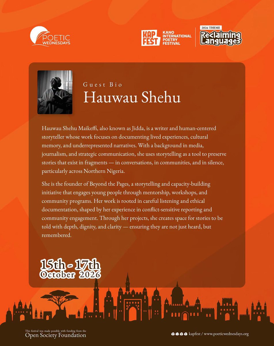 Kanopoetryfest's tweet photo. The storyteller and cultural champion, Hauwau, is coming to #KAPFEST26!
Where will you be?

Come and experience the art, the conversations and the poetry we have planned for you this October.

Get your tickets and join us: https://t.co/7BQqq4IYWP

15–17 October 2026 | Kano https://t.co/BX9qwH8Iuh