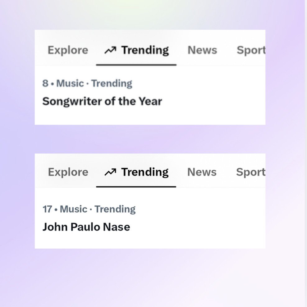 PabloBase_'s tweet photo. John Paulo Nase dominates X trends following his historic Songwriter of the Year win at the 39th Awit Awards.

Topics currently trending under Music &amp; Entertainment:
• #8 Songwriter of the Year
• #17 John Paulo Nase

#PABLO @imszmc https://t.co/cBDwYelzIM