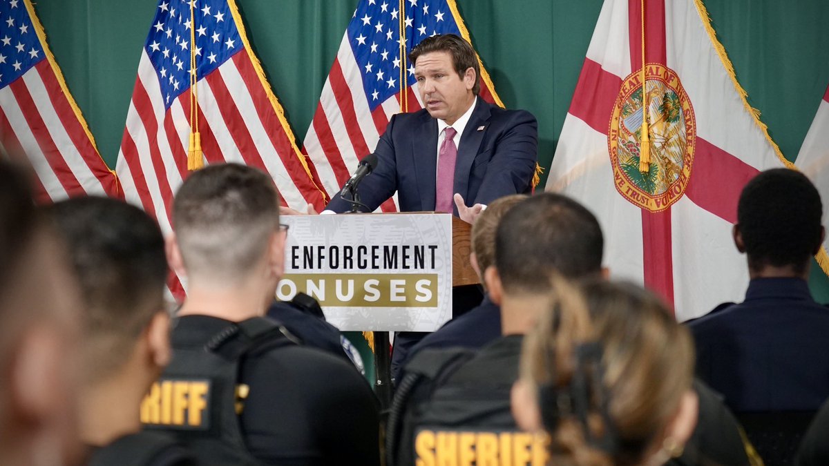 GovRonDeSantis's tweet photo. In 2022, while some cities were reaping the disastrous results of “defund the police” experiments, I signed landmark legislation to strengthen law enforcement recruitment and retention in Florida. In the four years since, we have awarded nearly 12,500 bonuses totaling more than $83 million to our law enforcement officers. We have also made record-breaking investments in officer pay, benefits, training, and protections for the men and women who put their lives on the line to protect the people of our state.

We continue to build on this foundation to keep Florida the most law enforcement-friendly state in the country. Today, I was proud to welcome new officers in Pasco County with $5,000 after-tax recruitment bonuses. Including these 38 new hires in Pasco, there are 1,500 new law enforcement officers throughout our state receiving recruitment bonus checks this week, totaling more than $10 million.

Thank you to all who wear the badge and work hard every day to keep our communities safe.