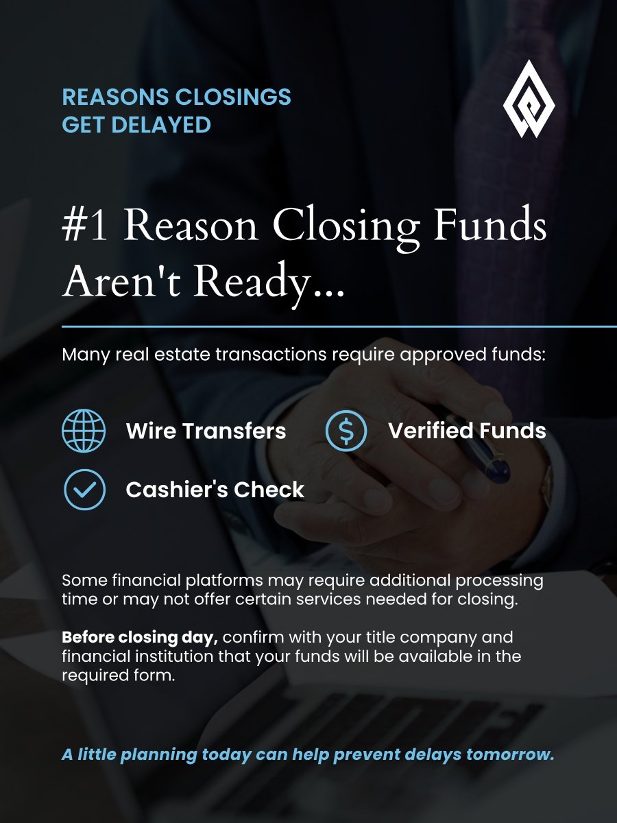 FirsTitle's tweet photo. 🚨 Reasons Closings Get Delayed: Part 1  
Even minor details can significantly impact the closing process. If the closing funds aren't prepared, it can lead to slowdowns or delays. Stay tuned for more tips to ensure your closing experience is as seamless as possible! https://t.co/rzT5aBkej2