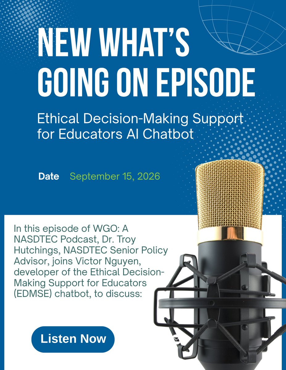 NASDTEC's tweet photo. On NASDTEC’s What’s Going On podcast, Dr. Troy Hutchings and EDMSE developer Victor Nguyen discuss the Ethical Decision-Making Support for Educators—how it works, its guardrails, and how educators from bus drivers to superintendents can use it.

Explore: https://t.co/cfvRCTY7X5 https://t.co/oy9IjFGOTJ