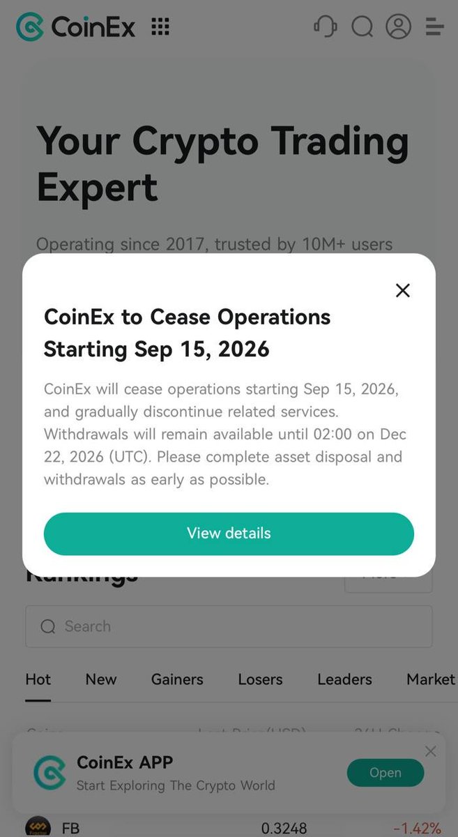 RXD_Community's tweet photo. Just a gentle reminder to everyone using CoinEx. With the upcoming cessation of its services, please consider withdrawing your assets at your earliest convenience.

Better to move assets to a wallet or platform you trust before the service ends.

Stay safe and take care of your assets.