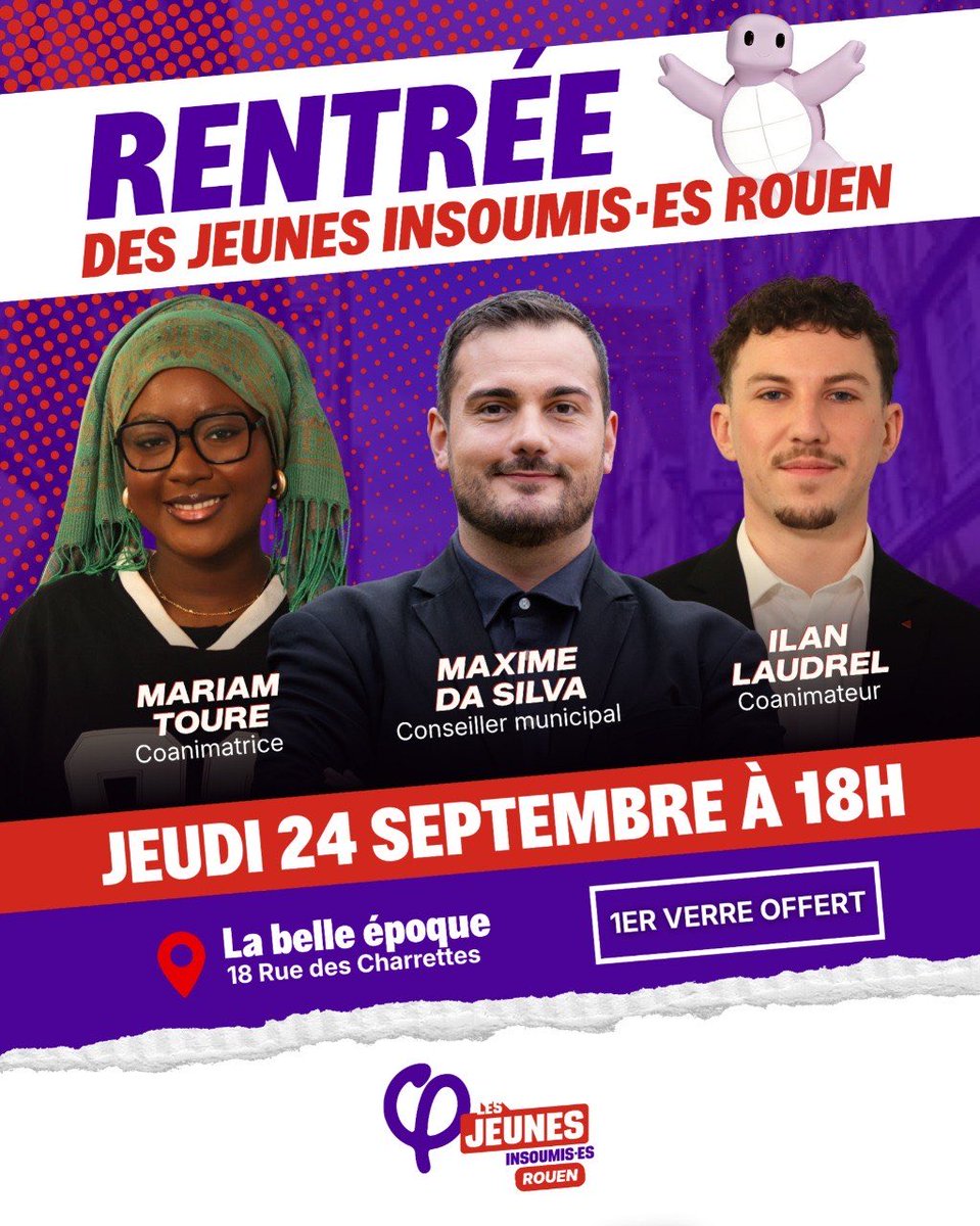 JeunesFI_Rouen's tweet photo. 🔴Les Jeunes insoumis•es de #rouen vous donnent rendez-vous pour leur rentrée politique avec @Maxime_DaSilva_ , @Mrm_lfi et @ilaudrel 

📍On se retrouve le jeudi 24 septembre dès 18h, au bar « Chez Clara » la belle époque, 18 Rue des charrettes. https://t.co/a3drzWeuXM