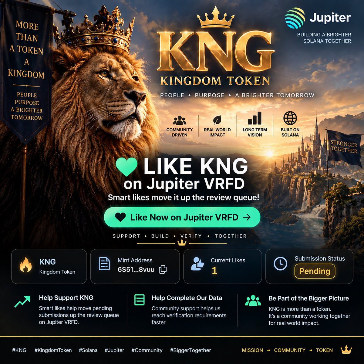 KingdomTokenKNG's tweet photo. Kingdom Token (KNG) is pending verification on Jupiter VRFD.

Help us move KNG up the review queue by giving KNG a Like:

🔗 Like KNG on Jupiter VRFD

We’re building around mission, community &amp; transparency — not hype.

Mission → Community → Token

#KNG #Solana #Jupiter https://t.co/wiS3cfoaDl