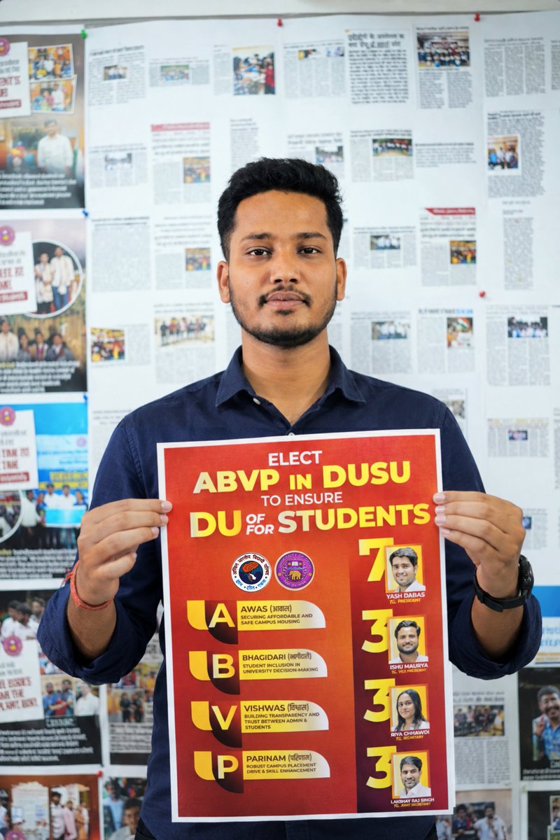 GorakshABVP's tweet photo. दिल्ली विश्वविद्यालय छात्रसंघ चुनाव में 2026-27 सत्र खातिर ABVP उम्मीदवारन के भारी वोट से विजयी बनाई।🚩

यश डबास - अध्यक्ष 7️⃣ 
इशू मौर्य - उपाध्यक्ष 3️⃣ 
रिया छाबड़ी - सचिव 3️⃣ 
लक्ष्यराज सिंह - संयुक्त सचिव 3️⃣

#ABVP4DUSU #DUSU7333 #ABVP7333 https://t.co/h4Cfu52DCP