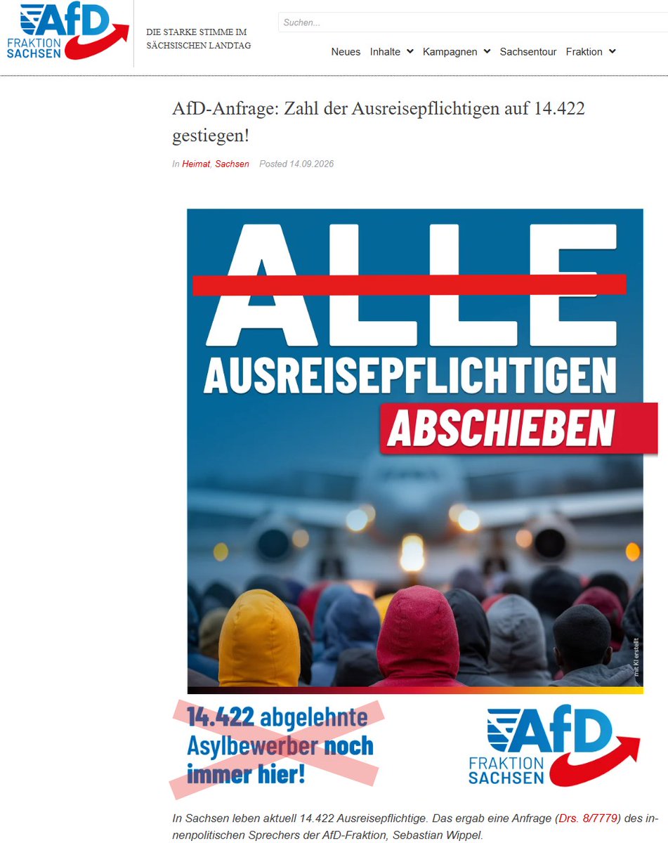 wilke_tobias's tweet photo. Leider ein Klassiker: ↙️"Qualitätsmedien" (👋@DIEZEIT) übernehmen ungeprüft Agenturmeldungen (👋@dpa), die ebenso ungeprüft aus ↘️#AfD-Pressemeldungen zitieren.

Fakt: Es gibt in #Sachsen keine 14.422 ausreisepflichtigen "abgelehnten Asylbewerber"‼️

🧵1/2 https://t.co/q8n4e3M9Y1
