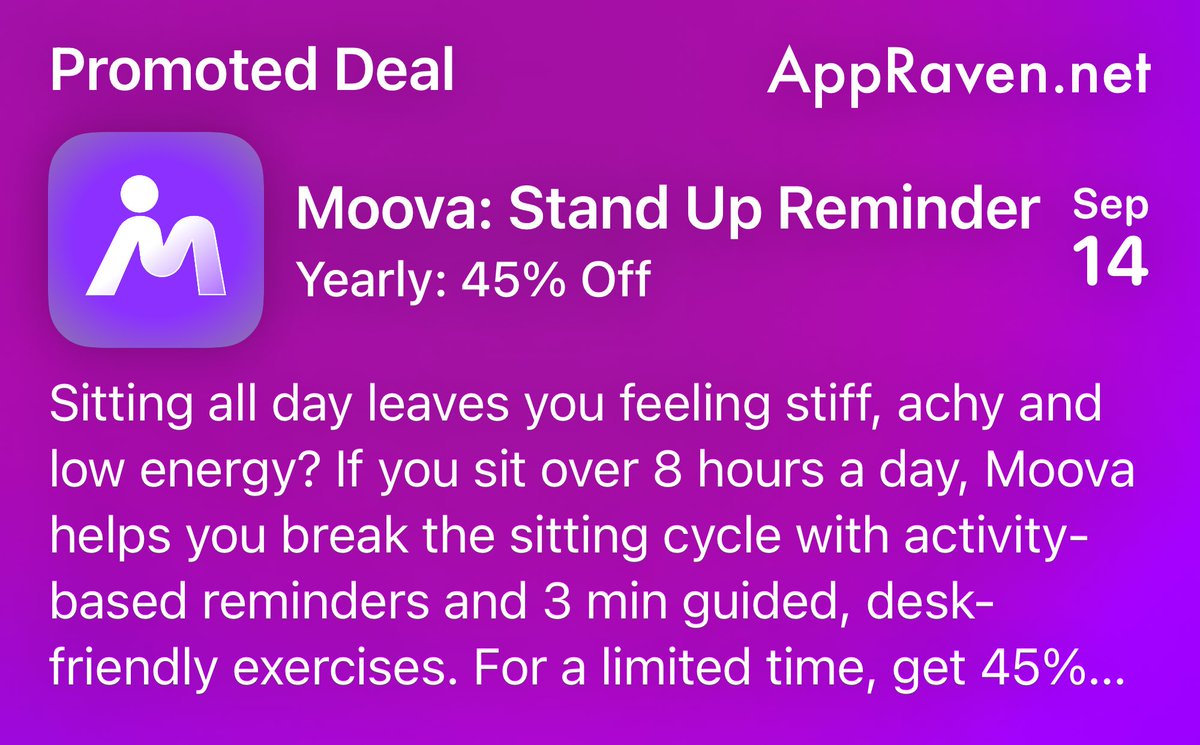 AppRaven's tweet photo. 🎁 Today's App Deal - September 16th 🎁

Moova: Stand Up Reminder
Yearly: 45% Off

Get it while you can!

👉 https://t.co/KmpFMFzoof

📆 Repost &amp; Follow for new deals every day!

#Apple #AppStore #Deals #Discount #iPhone #Apps #iOS https://t.co/D78AImRjS7