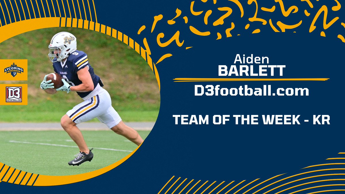 lycoathletics's tweet photo. @_abarlett1_ earns a slot on the https://t.co/tHg15vRStw Team of the Week for his efforts for @warriorsfball against Montclair State, when he had a 94-yard return for a touchdown and an onside-kick recovery. https://t.co/WOsJkb9Mxl