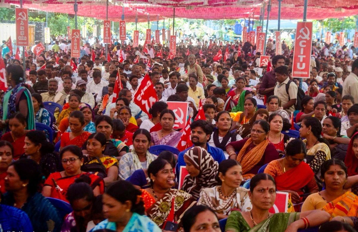 cpimspeak's tweet photo. Thousands of scheme workers, unorganised-sector and organised-sector workers thronged Freedom Park in Bengaluru as part of the Vidhana Soudha Chalo protest rally called by the Centre of Indian Trade Unions (CITU) against the Labour Codes. They demanded amendments to the Labour Codes by the state government, implementation of the minimum wages fixed by the state government, and other demands.

CPI(M) Karnataka State Secretary K Prakash, CITU State President MS Meenakshi Sundaram, General Secretary S Varalaxmi, Vice President VJK Nair and other senior CITU leaders addressed the rally and condemned the Union government's decision to deny representation to INTUC, AITUC and CITU in the Central Advisory Board for Minimum Wages. The rally also resolved to further intensify the struggle and march to Delhi on December 1, 2026, for the Occupy Delhi protest called by CITU.