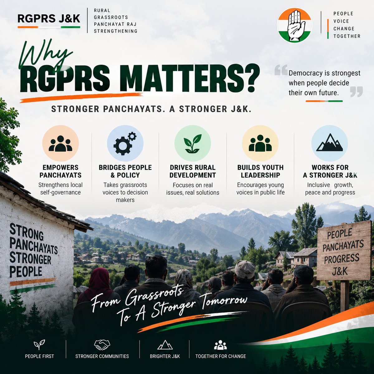 RGPRSJKOFFICIAL's tweet photo. Strong Panchayats. Stronger People. Stronger J&amp;K.
RGPRS works to strengthen grassroots democracy and local self-governance.
People’s voice. People’s power. People’s progress.

@INCIndia @RahulGandhi @mudr4 @SunilPanwarINC @RGPRSinc https://t.co/zht7khYpkk
