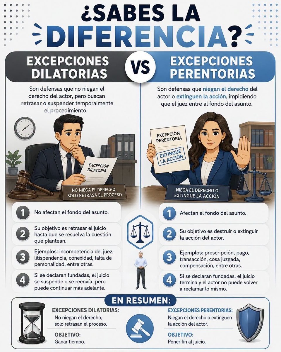 Oscarfloviveros's tweet photo. #DatoJurídico Sabías que la diferencia principal es que, las excepciones dilatorias suspenden el proceso de manera temporal para corregir errores de forma, mientras que las excepciones perentorias atacan el fondo del asunto para destruir la acción del demandante de forma definitiva. 👁️👇🏻⚖️