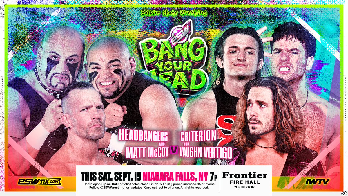 ESWWrestling's tweet photo. THIS SATURDAY! The Headbangers Farewell Tour stops in Niagara Falls for #ESWBang!
The Headbangers & Matt McCoy clash with Criterion & Vaughn Vertigo in a massive 6-man tag match!
📍 Frontier Fire Hall
🕖 Doors 6 p.m. | Bell 7 p.m.
🎟️ Tickets: https://t.co/o3uEPcnxoK https://t.co/roqpuK0IxD