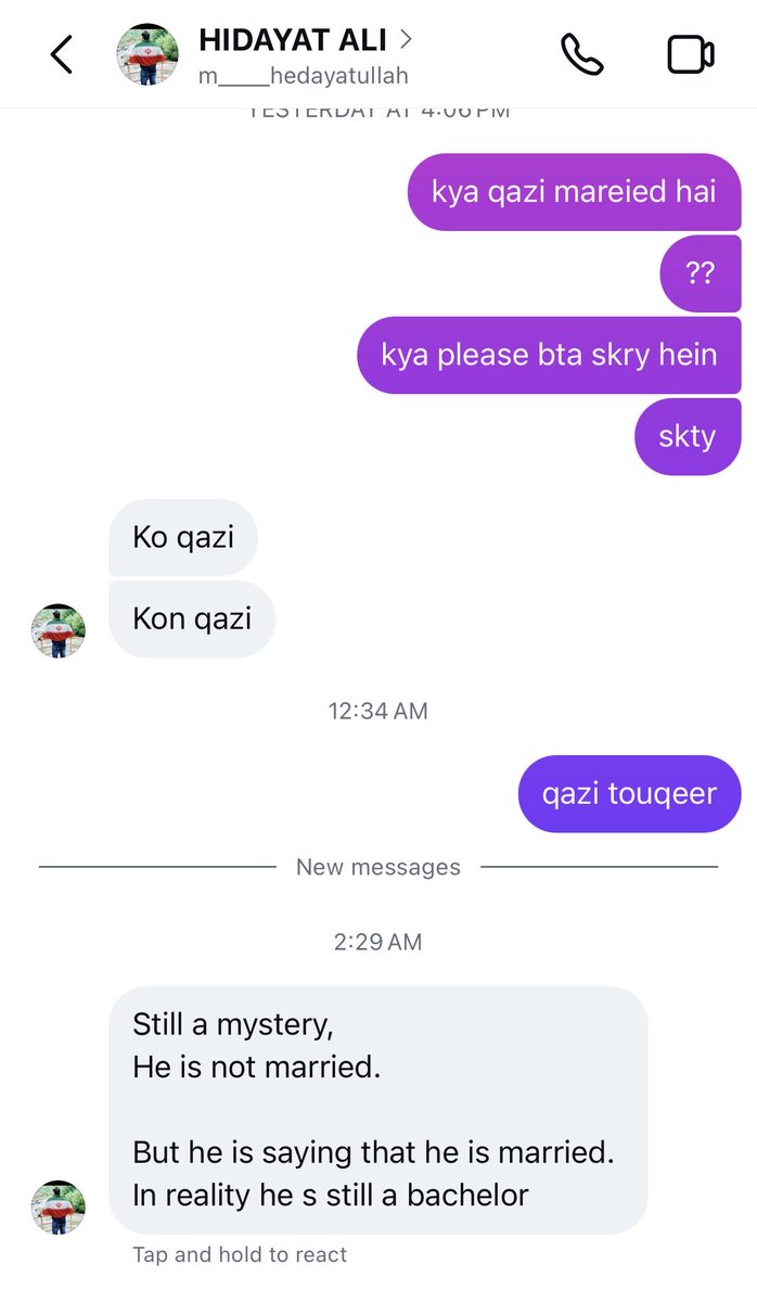 kazmi_hun's tweet photo. hidayat ali is close friend of qazi's brother. i texted him n asked if qazi is married and he is saying he is not. :)
now idk it's true or not.

#uditisingh #Qazitouqeer
#bb20 https://t.co/c7HWnJtIVA