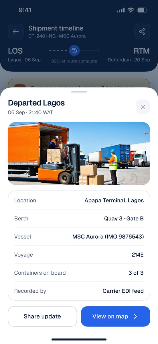 tp_dapson's tweet photo. Freight tracking, but make it actually tell you what’s going on. 🚢👀

Available for new design projects &amp; collaborations. Send me a DM 📩

#FreightForwarding #CargoTracking #SupplyChainTechnology #LogisticsTech https://t.co/y3TVI6PSsj