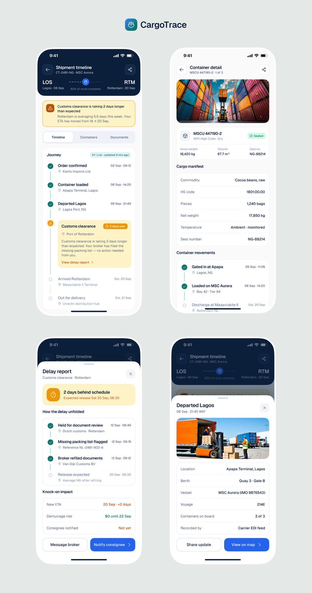 tp_dapson's tweet photo. Freight tracking, but make it actually tell you what’s going on. 🚢👀

Available for new design projects &amp; collaborations. Send me a DM 📩

#FreightForwarding #CargoTracking #SupplyChainTechnology #LogisticsTech https://t.co/y3TVI6PSsj
