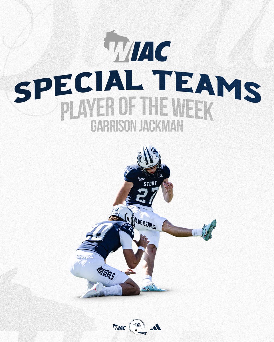 UWStoutFootball's tweet photo. Garrison Jackman has been named the @WIACSports Special Teams Player of the Week!

▫️3/3 Field Goals
▫️13 Points Scored
▫️3 Touchbacks

#TPC https://t.co/7Kyuk2L1oV