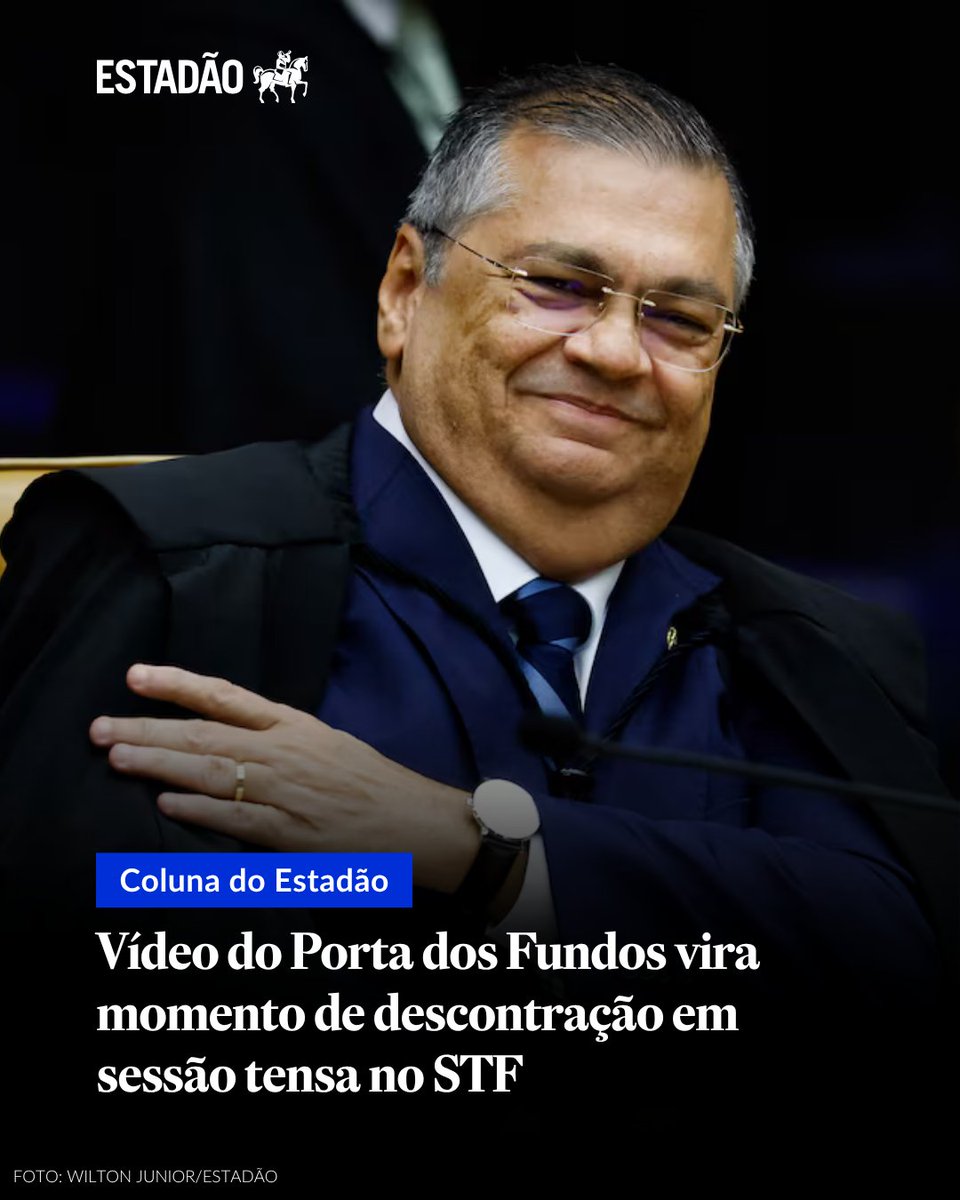 Estadao's tweet photo. POLÍTICA | Durante sessão no Supremo para julgar as provas apresentadas pela Polícia Federal sobre a relação entre Moraes e o ex-banqueiro Daniel Vorcaro, o ministro Flávio Dino protagonizou um momento de descontração ao citar um episódio do programa Porta dos Fundos, com o ator Fábio Porchat → https://t.co/6ss6bm3RoM

O comentário rendeu risadas entre os ministros do STF, o que gerou um 'intervalo' no clima tenso instaurado durante a sessão. 

🔗 Confira a cobertura completa dos eventos no Supremo através das redes e do site do Estadão.