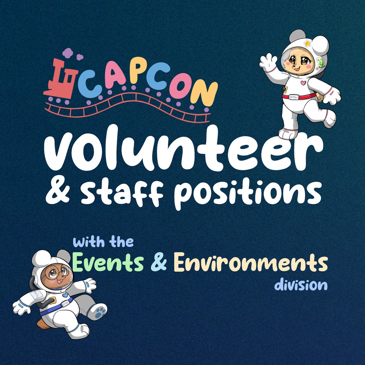 CAPCon_Club's tweet photo. 🚀 Mission Control is assembling the crew. Are you ready to join? 

Our Events &amp; Environments division is recruiting Staff &amp; Volunteers for stage production, theming, event support, bag check, activity rooms, casino dealers, and more.

Enlist now at: https://t.co/t05m9gIvdt https://t.co/NGAf0CQrGu
