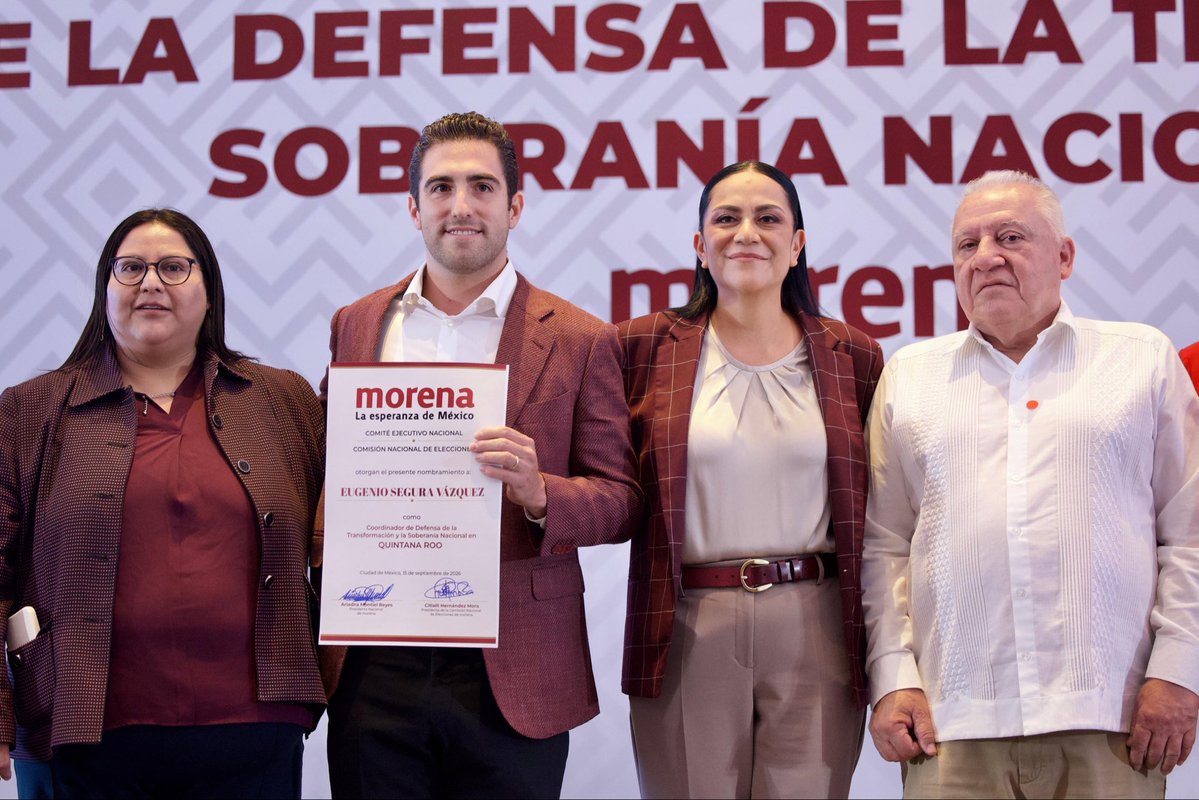 A_MontielR's tweet photo. En #QuintanaRoo, el pueblo habló y decidió: @GinoSeguraV encabezará la Coordinación Estatal de la Defensa de la Transformación y la Soberanía Nacional.

Una responsabilidad que asumimos en unidad, con la fuerza de nuestra militancia y siempre cerca de la gente.

¡Enhorabuena, Gino! 🇲🇽

#UnidosPorLaTransformación