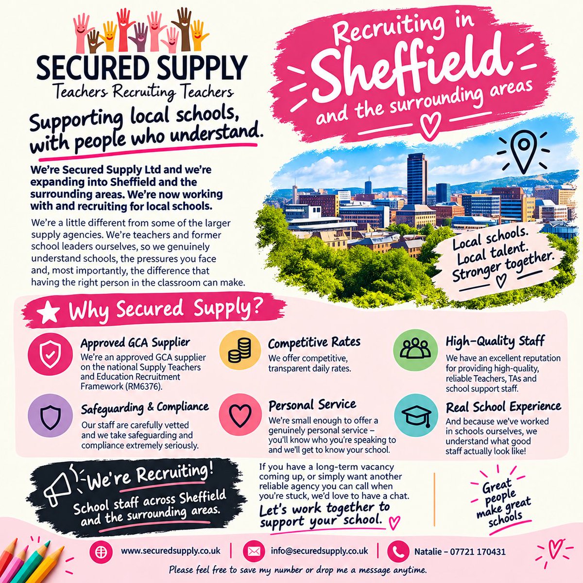 securedsupply23's tweet photo. 📣 SHEFFIELD TEACHERS — WE’RE RECRUITING! 🍎

Teachers, TAs &amp; school staff wanted across Sheffield &amp; surrounding areas! 💗

Local schools. Local talent. Stronger together. 🤝

📞 Natalie: 07721 170431
📩 reece@securedsupply.co.uk

#SheffieldTeachers #TeachingJobs #SheffieldJobs https://t.co/GdskCI0rG2