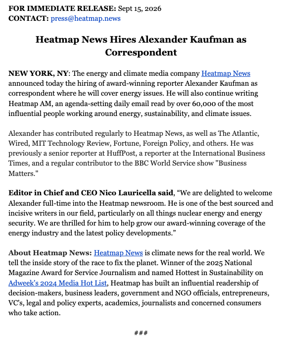 robinsonmeyer's tweet photo. His byline has graced our website for a long time, but I’m just thrilled to welcome @AlexCKaufman to Heatmap as a full-time correspondent today. A dream to finally work together in the same newsroom!

Sign up for his Heatmap AM newsletter here: https://t.co/3wUxqKfxc2 https://t.co/0KKTmsPiQz