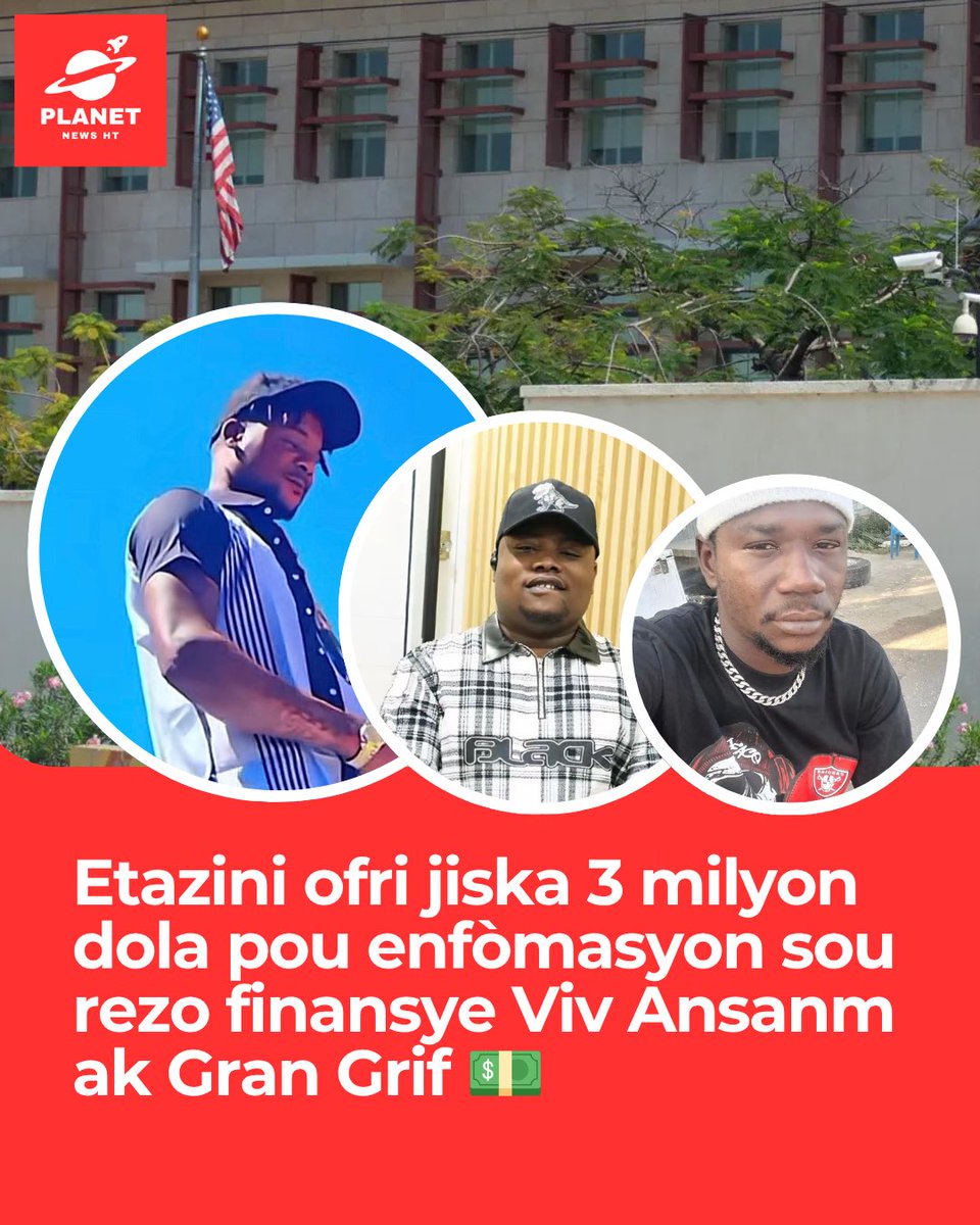 ht_planet's tweet photo. Gouvènman ameriken an, atravè pwogram Rewards for Justice, ofri yon rekonpans ki kapab rive jiska 3 milyon dola, ansanm ak posibilite relokalizasyon, pou enfòmasyon ki kapab ede kraze mekanis finansman Viv Ansanm ak Gran Grif, 2 gwoup Etazini klase kòm òganizasyon teworis etranje. 

Enfòmasyon yo ka konsène biznis, kont labank, finansè, tranzaksyon, transfè lajan, zam, minisyon oswa dròn ki benefisye gwoup sa yo. Moun ki gen enfòmasyon kapab kontakte pwogram nan an konfidansyalite sou WhatsApp, Signal oswa Telegram nan +1 202-702-7843.

#Ayiti #VivAnsanm #GranGrif #Bandi #planetnewsht