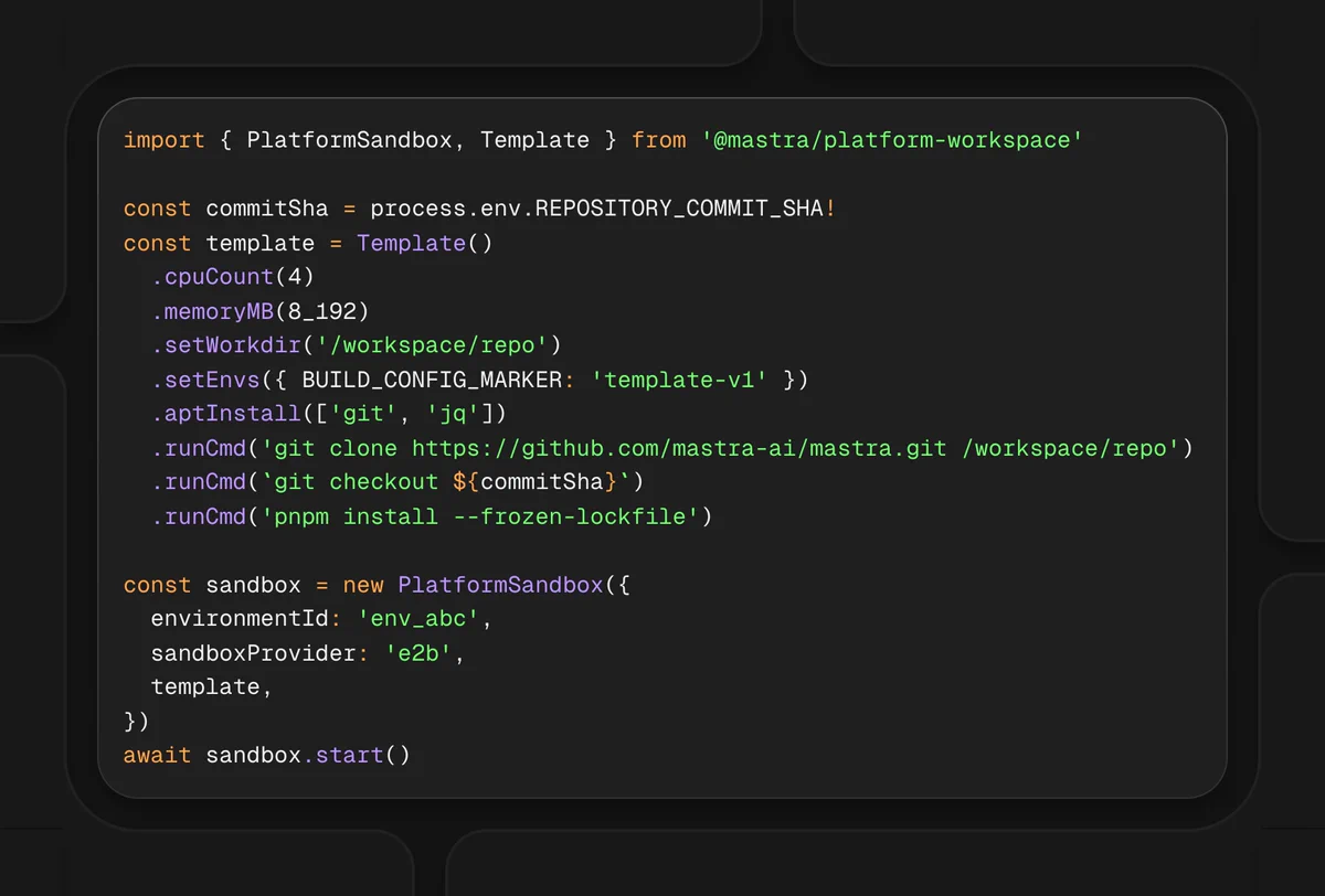 Code snippet for setting up a sandbox environment, including configuration settings and commands for Git and package installations.