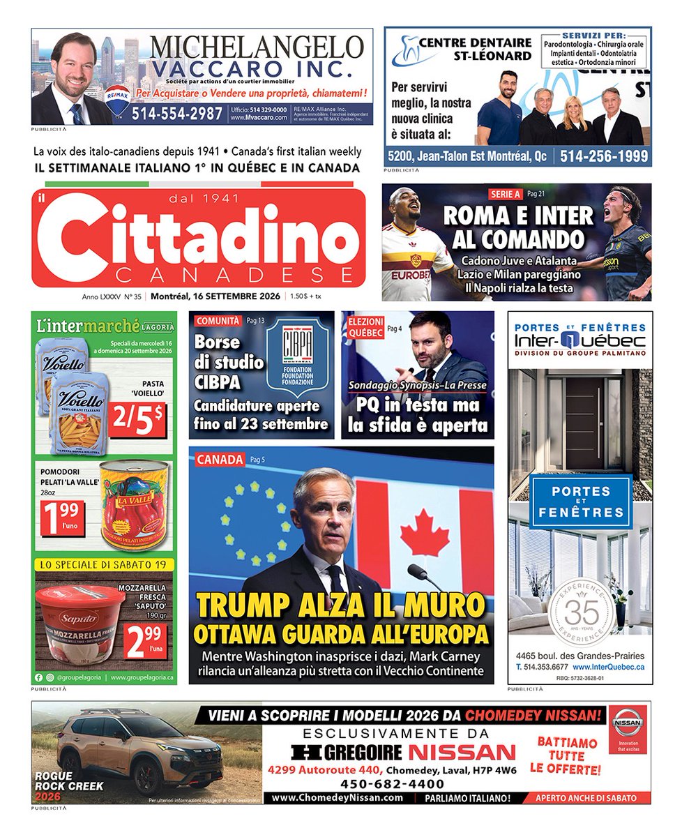 Cittadino1941's tweet photo. IL CITTADINO CANADESE
EDIZIONE DEL 16 SETTEMBRE 2026
๐ : https://t.co/x5Ybgc1vSC
#giornali #notizie #news #informazione #information #italia #canada #giornalisti #newspaper #notizia #quotidiano #newscanada #sport https://t.co/CKhwF6FXEr