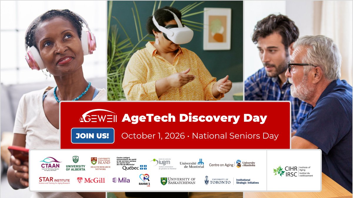 AGEWELL_NCE's tweet photo. 🚀 Have you registered for AGE-WELL AgeTech Discovery Day? Join us Oct. 1 across Canada and online. Explore technologies for healthy aging through demos, research talks and discussions about getting involved in research. Register: https://t.co/RDGGi6fQDm https://t.co/LBYhTHEG2O