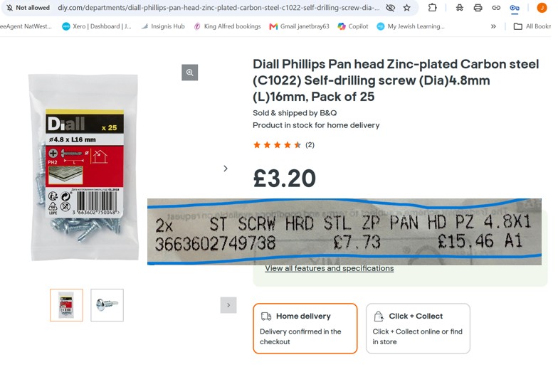 BrayJanet's tweet photo. Warning when shopping at @BandQ . Paid 2.4x the price for an identical packet of screws in store vs. online. Queried price at the checkout—they said it was correct. Checked online –  £3.20 vs. £7.73. Do Click and Collect if you are planning to visit the store; it might be cheaper https://t.co/A2ij2Susvn