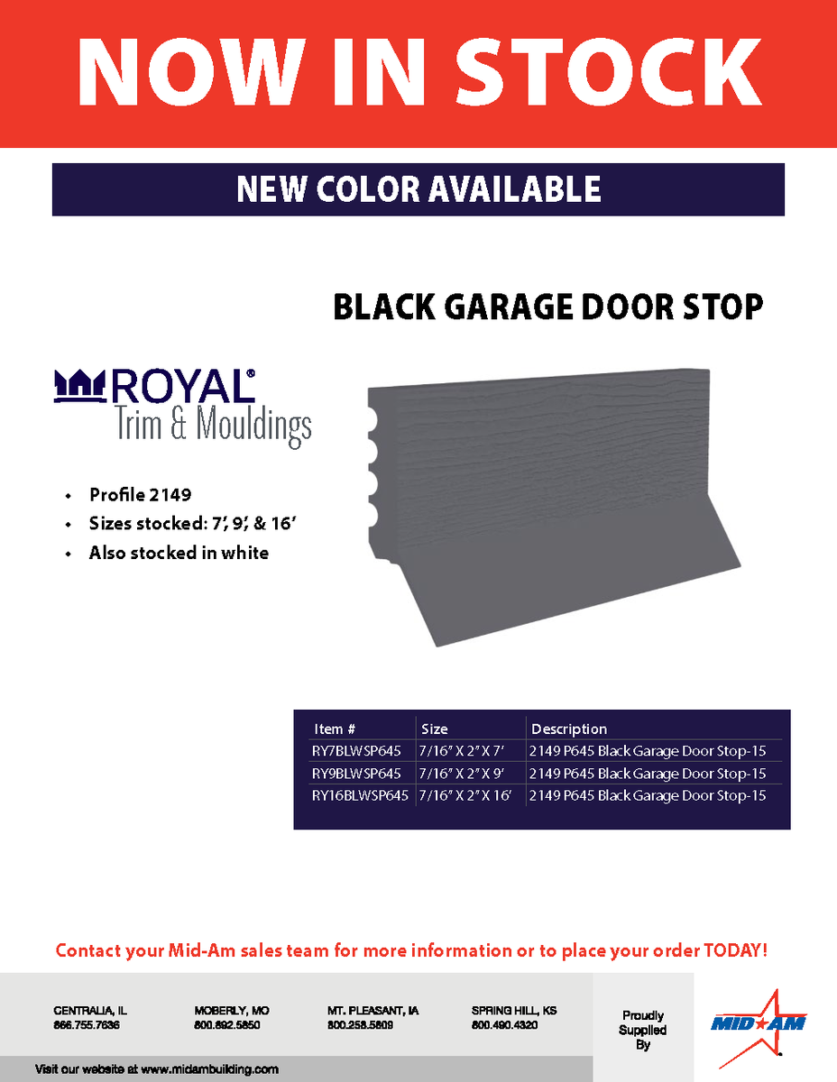 MidAmBuilding's tweet photo. New at Mid-Am! 
Black PVC garage door stops from Royal Trim &amp; Moulding in 7', 9', &amp; 16' lengths. 
Contact your Mid-Am sales rep or visit https://t.co/SrDULydZAB to order today!
#GarageDoorStops #PVCGarageDoorStops #RoyalTrimAndMoulding #BuildingMaterials #ConstructionSupplies https://t.co/Q45KLUhlLg