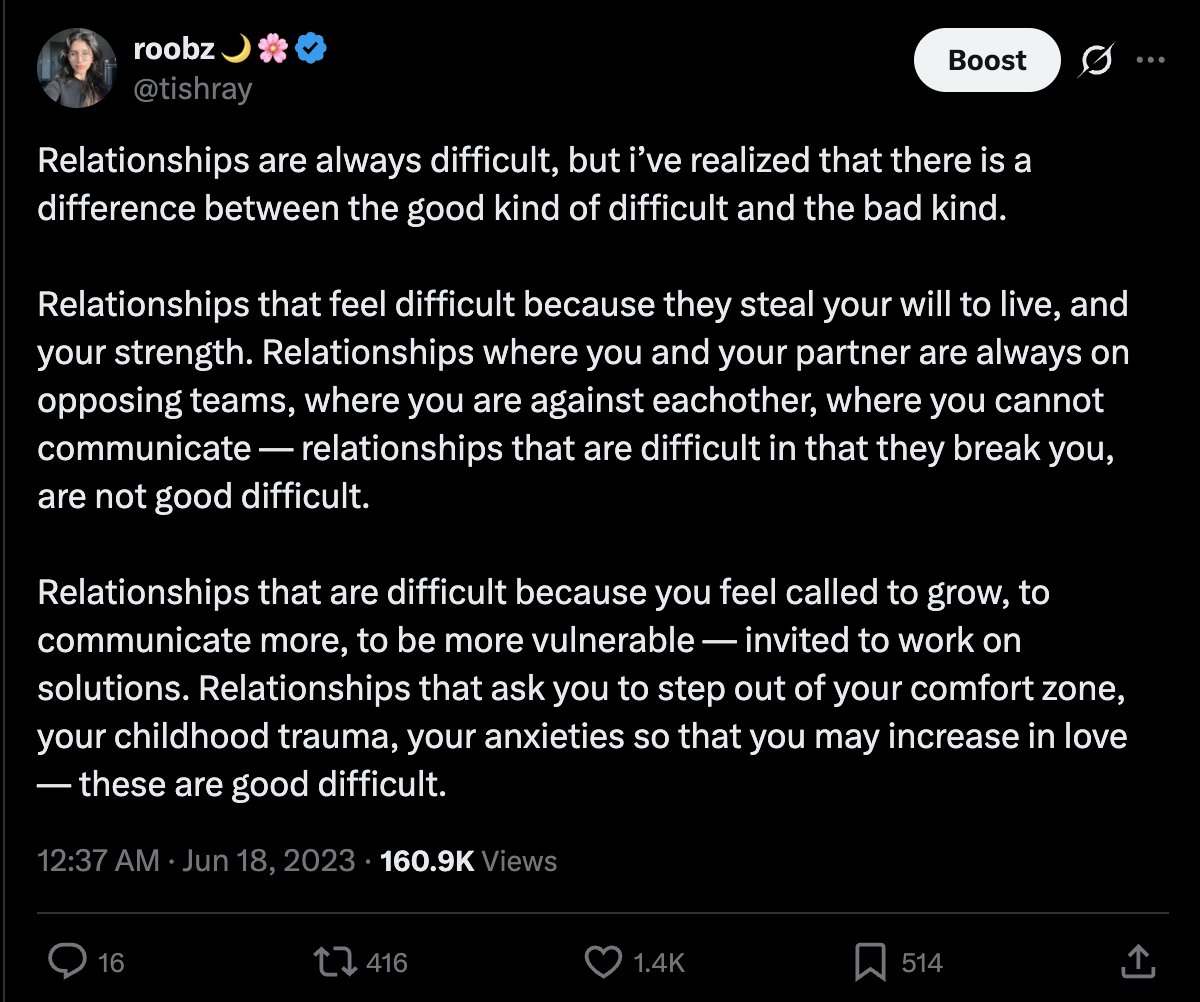 tishray's tweet photo. Every relationship is difficult, but it's important to know the difference between whether it's a good or bad kind of difficult https://t.co/EJuTMA8xpj