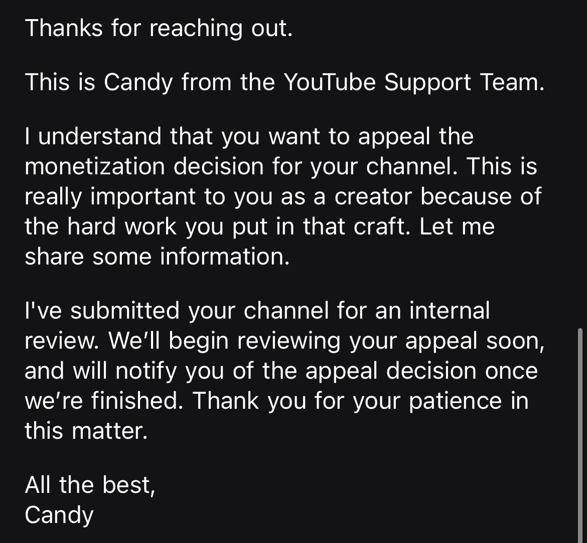 ItsWRMZ's tweet photo. Day 6 -
YouTube PROPERLY look at my channel. I still have 0 views on my appeal video, received THE SAME EMAIL at different times, and keep being told my case is being looked at for "internal" review. I've attached my videos to ask HOW these "mislead family content". @TeamYouTube https://t.co/iaPUV5UqEQ