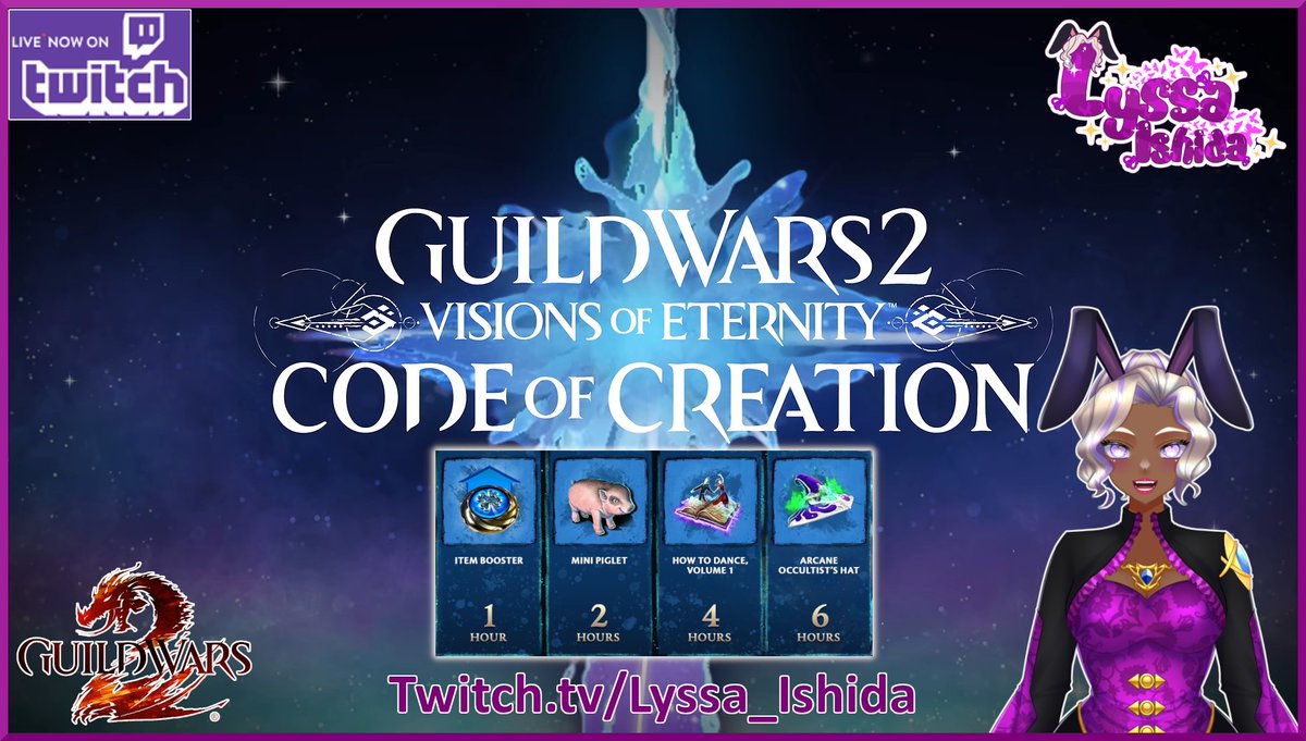 Lyssa_Ishida's tweet photo. 🔴 Live Now on the 💜 app with # GuildWars2 #VisionsofEternity #CodeofCreation 
🐷 🕺💃 Come get your #Drops 

🧁🌙🐰 #VTuberEN https://t.co/shCNt7YCOH
