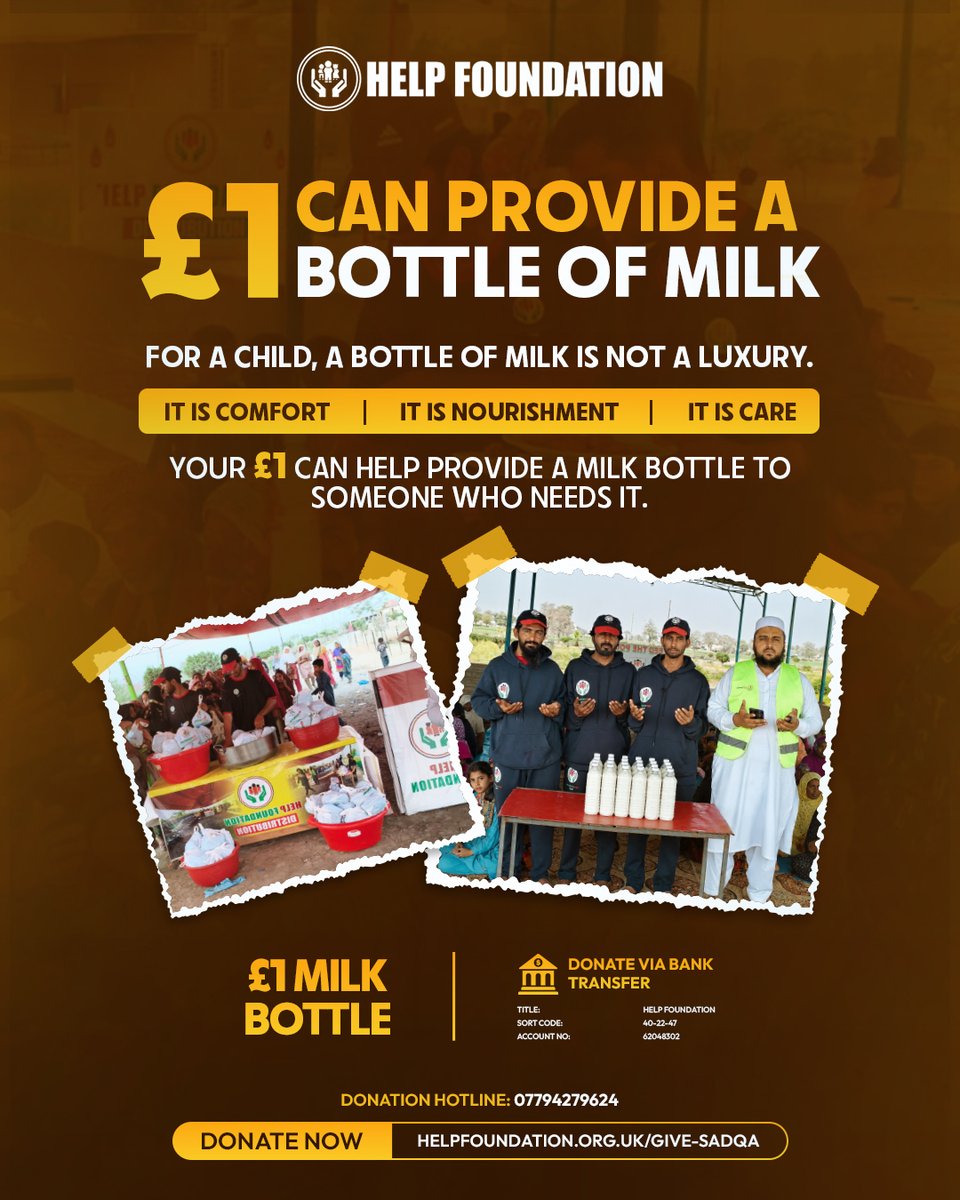 HelpTheHumunity's tweet photo. Something as simple as a bottle of milk can make a real difference.

With just £1, you can help provide a Milk Bottle for someone in need.

A small donation. A meaningful act of care.

Donate today with Help Foundation : https://t.co/CunEARbF6P https://t.co/nsyl9gv8xN