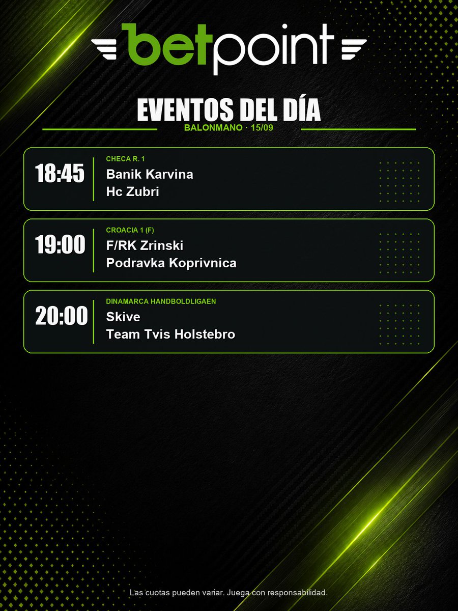 gobetpoint's tweet photo. 🔥 Agenda deportiva del 15 de septiembre 🔥
La tarde-noche viene cargada de fútbol, balonmano, hockey hielo y baloncesto.
Desliza para consultar todos los partidos y horarios. ¿Cuál vas a seguir?
#BetPoint #EventosDelDía #Fútbol #Balonmano #HockeyHielo #Baloncesto https://t.co/Sxx55W4JI4