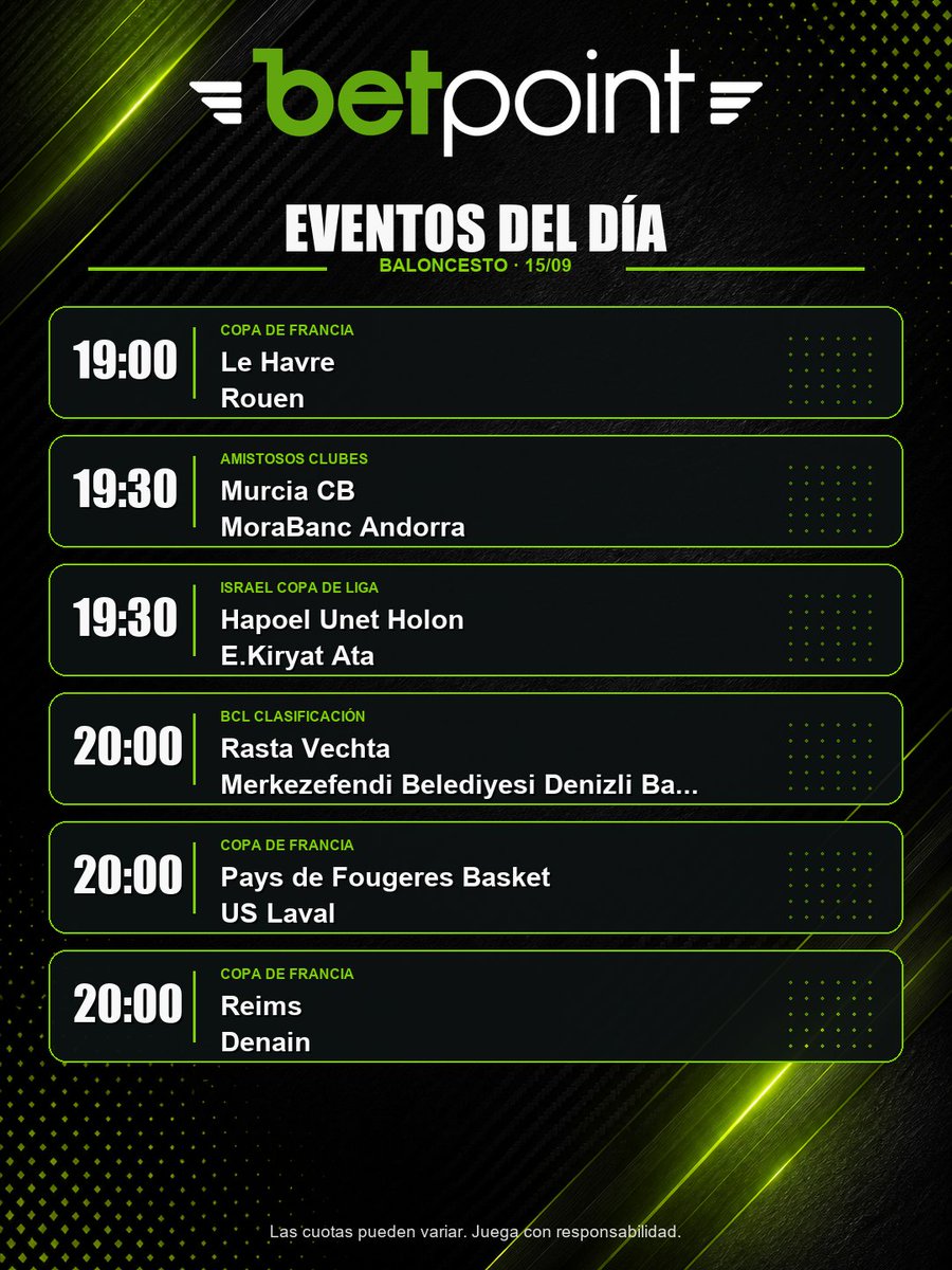 gobetpoint's tweet photo. 🔥 Agenda deportiva del 15 de septiembre 🔥
La tarde-noche viene cargada de fútbol, balonmano, hockey hielo y baloncesto.
Desliza para consultar todos los partidos y horarios. ¿Cuál vas a seguir?
#BetPoint #EventosDelDía #Fútbol #Balonmano #HockeyHielo #Baloncesto https://t.co/Sxx55W4JI4