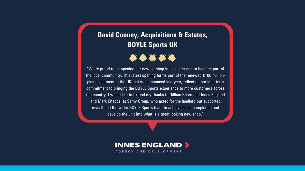 InnesEngland's tweet photo. Great feedback from BOYLE Sports following the opening of its newest shop in #Leicester.

Innes England’s Dillhan Sharma supported the deal on behalf of the landlord, helping the BOYLE Sports team secure the lease and bring the new unit to life. https://t.co/HkJJJCd9Z9