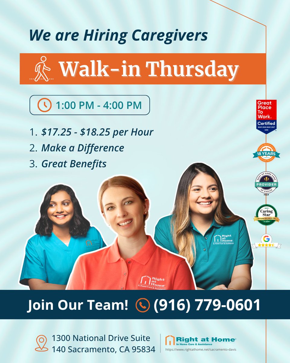 RahSacramentoca's tweet photo. 💛 Caring for others could be your calling!

Join us this Thursday to explore caregiver jobs in Sacramento. 📍 1–4 PM | Walk-ins welcome—no appointment needed!

We’re growing. Come build a rewarding caregiver career with us. 💙

#CaregiverJobs #SacramentoJobs #NowHiring https://t.co/eoSVWXYnZy