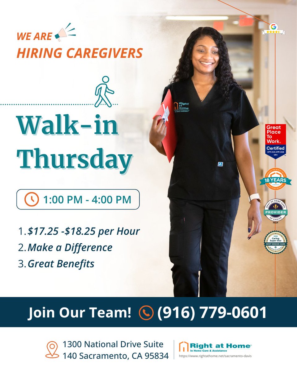 RahSacramentoca's tweet photo. 💛 Caring for others could be your calling!

Join us this Thursday to explore caregiver jobs in Sacramento. 📍 1–4 PM | Walk-ins welcome—no appointment needed!

We’re growing. Come build a rewarding caregiver career with us. 💙

#CaregiverJobs #SacramentoJobs #NowHiring https://t.co/eoSVWXYnZy